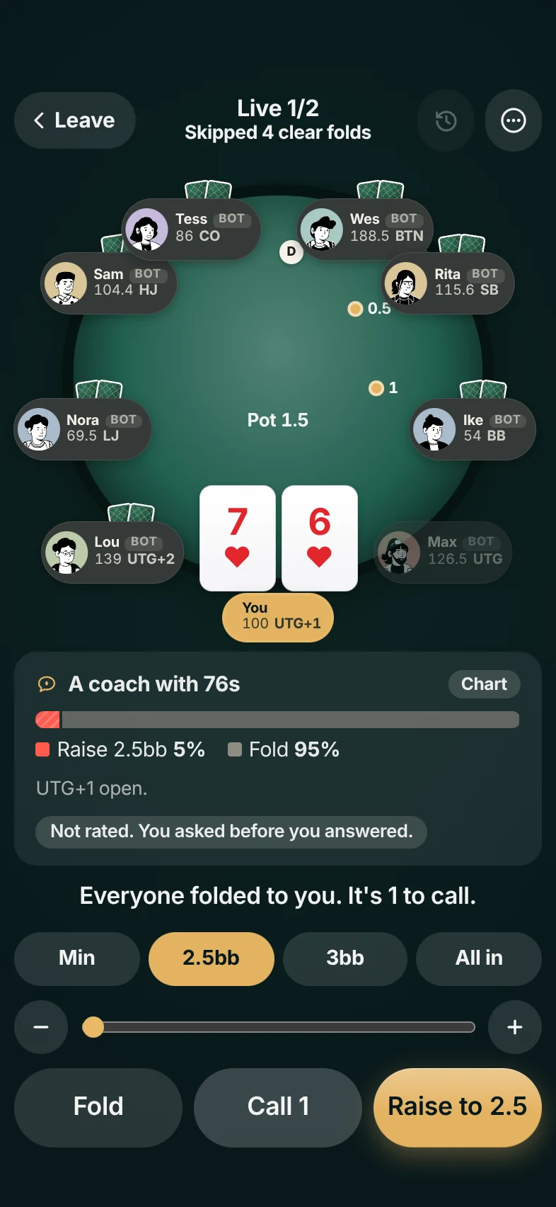 The practice table with a coach card: with 7 6 suited from UTG+1, raise 5% and fold 95%